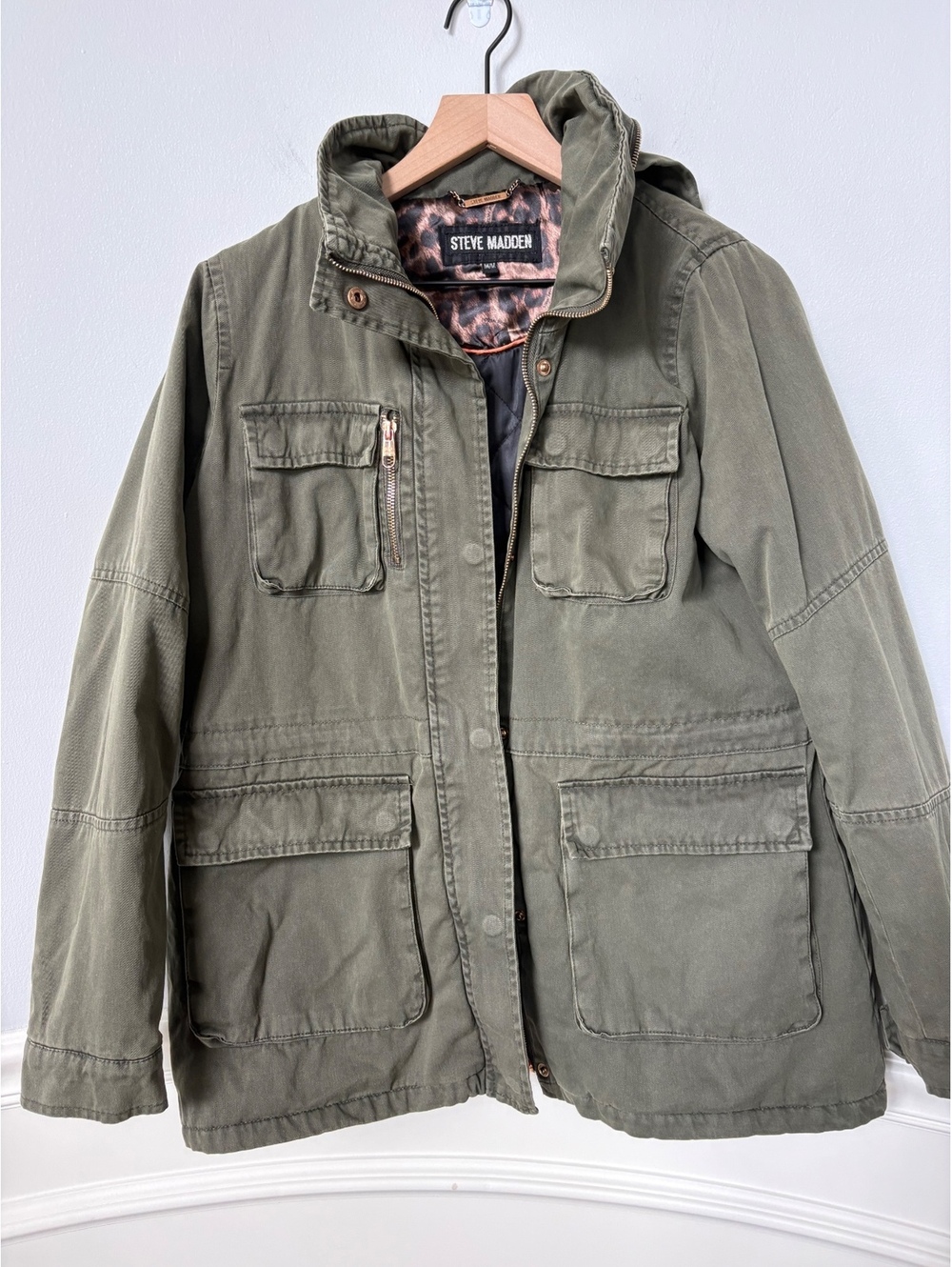 Steve Madden Olive Green Utility Field Jacket, Multi Pocket Cargo Coat Size Med